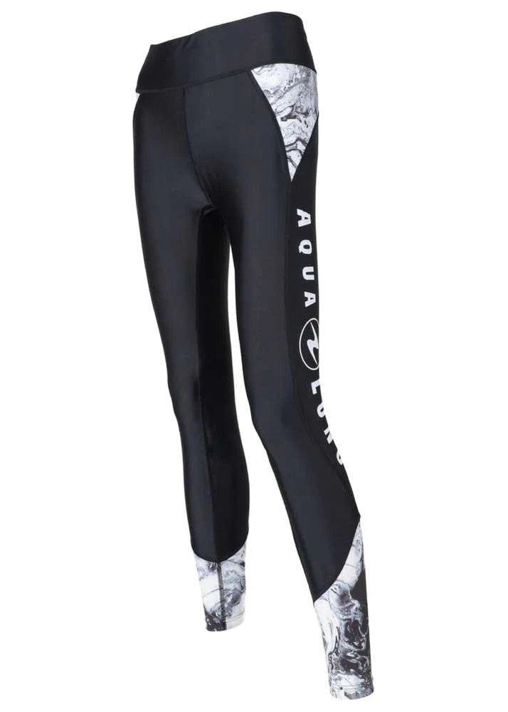 Black leggings with white and gray pattern on a white background