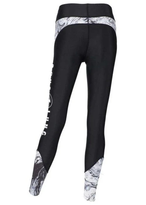 Black leggings with white and gray pattern on a white background